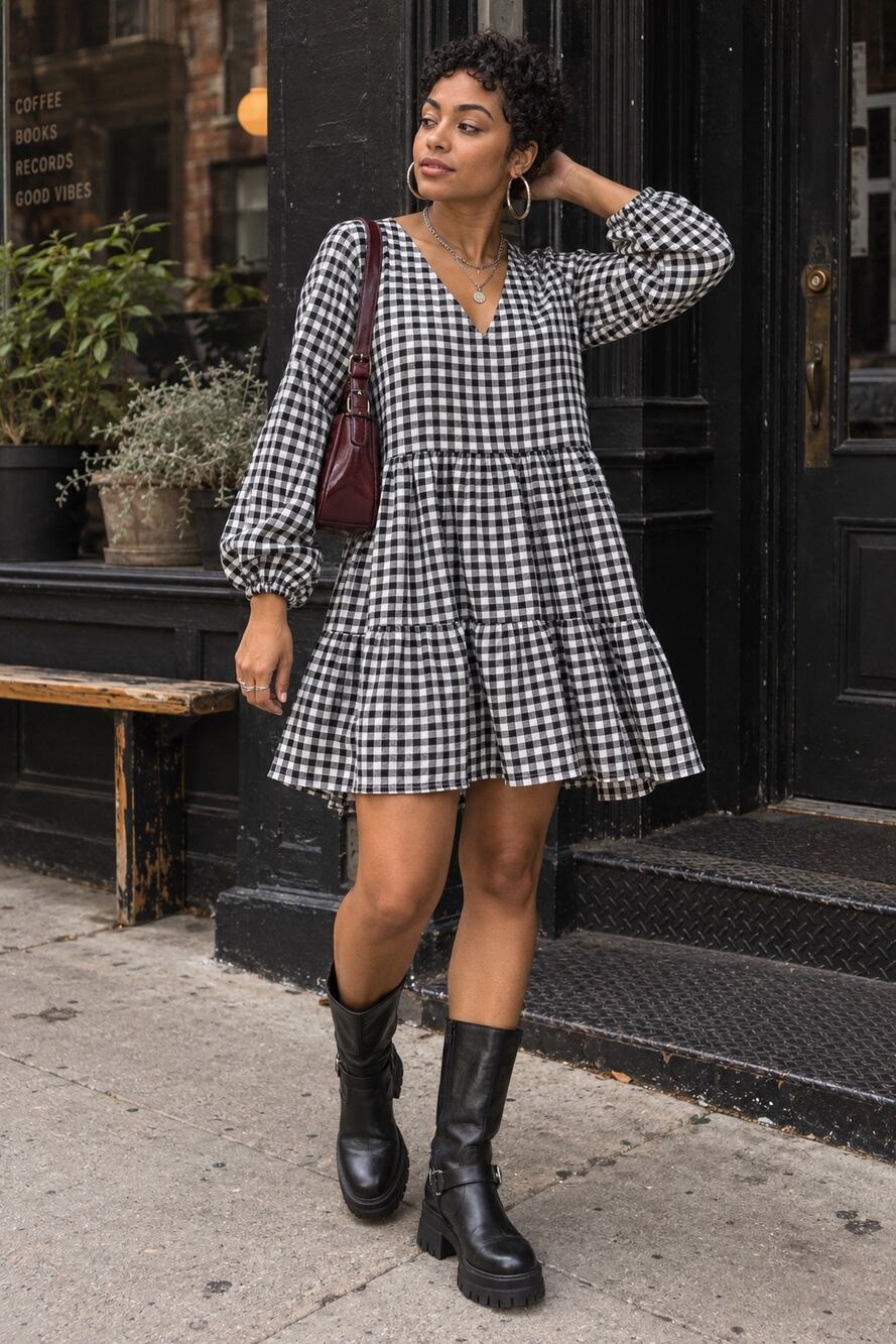 Black White Gingham Babydoll Dress Tiered Cottagecore Large